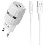Блок питания сетевой HOCO 2.4A 2USB+ кабель Type-C С41A (Original) оптом
